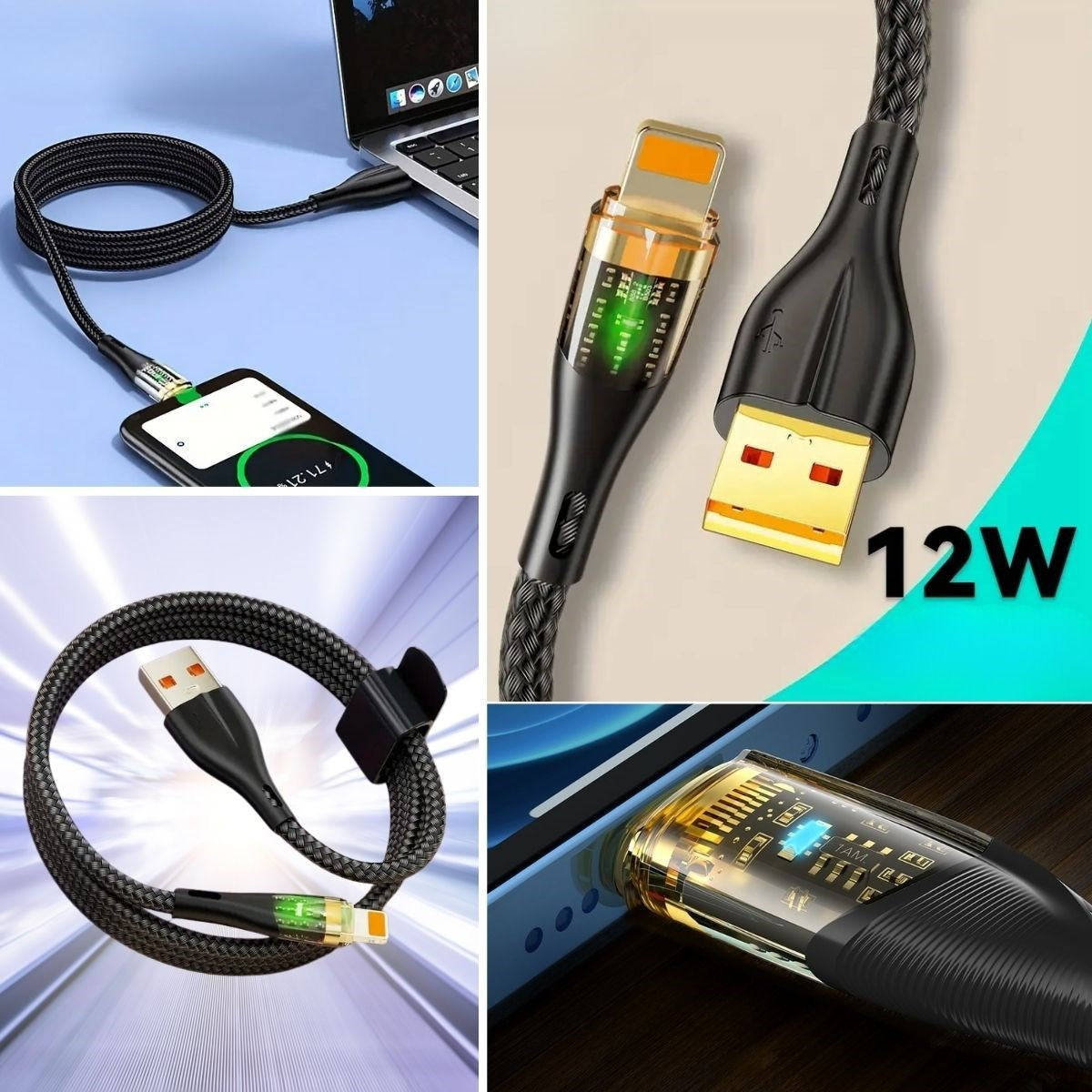Кабель для быстрой зарядки USB-Lightning со светодиодным наконечником и прочным кабелем