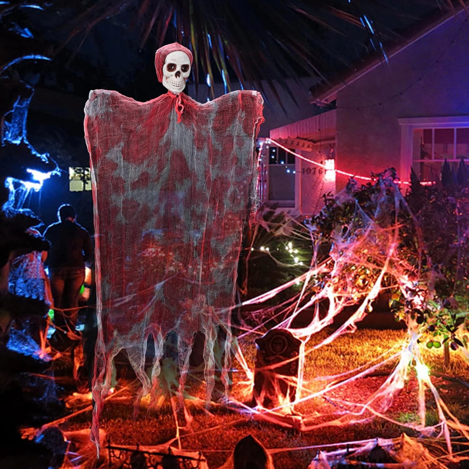 Led Işıklı Kahkaha Atan Sesli Sensörlü Ürpertici Kuru Kafa Kanlı Korku Hayalet Saçaklı Dekor 90x50