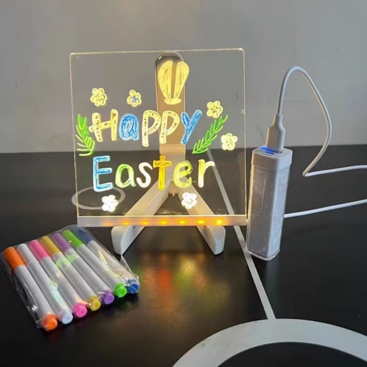 LED Işıklı Kendiliğinden Renkli Fosforlu Kalemli Kare Yazı Panosu 20x20 cm