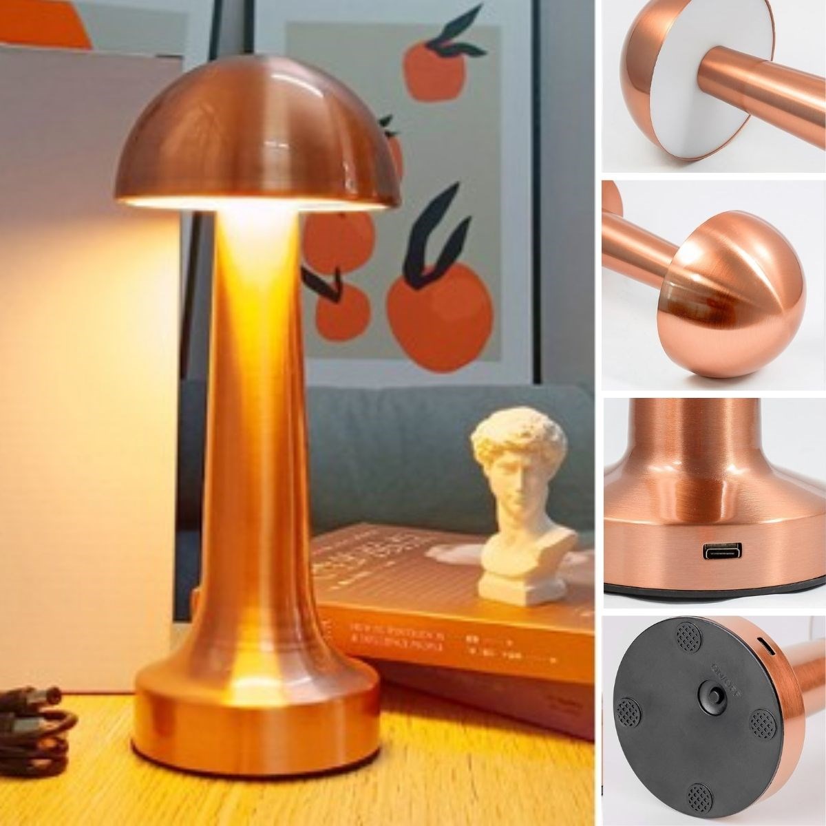 Mantar Model Bronz Renk Şarjlı Dokunmatik 3 Renkli LED Masa Lambası