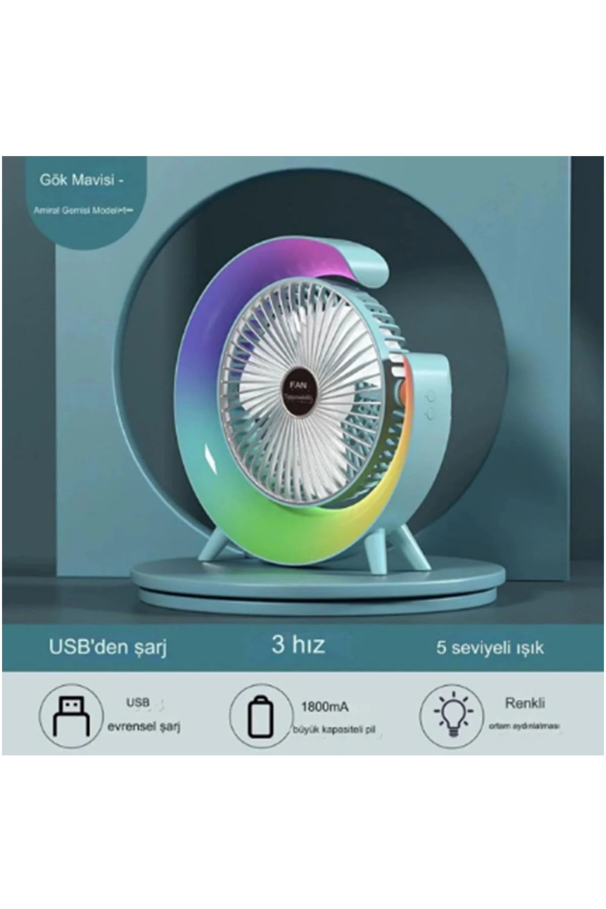 Masaüstü Vantilatör Usb Şarjlı Rgb Led Işıklı 3 Kademeli 180° Ayarlanabilir Soğutucu Fan Mavi