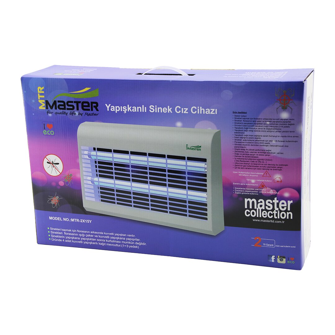 MASTER MTR-2X15Y  YAPIŞKANLI  SİNEK ÖLDÜRÜCÜ CIZ CİHAZI MAKİNE 30W 2PCS LED FLORESAN 100M2 ETKİLİ 4
