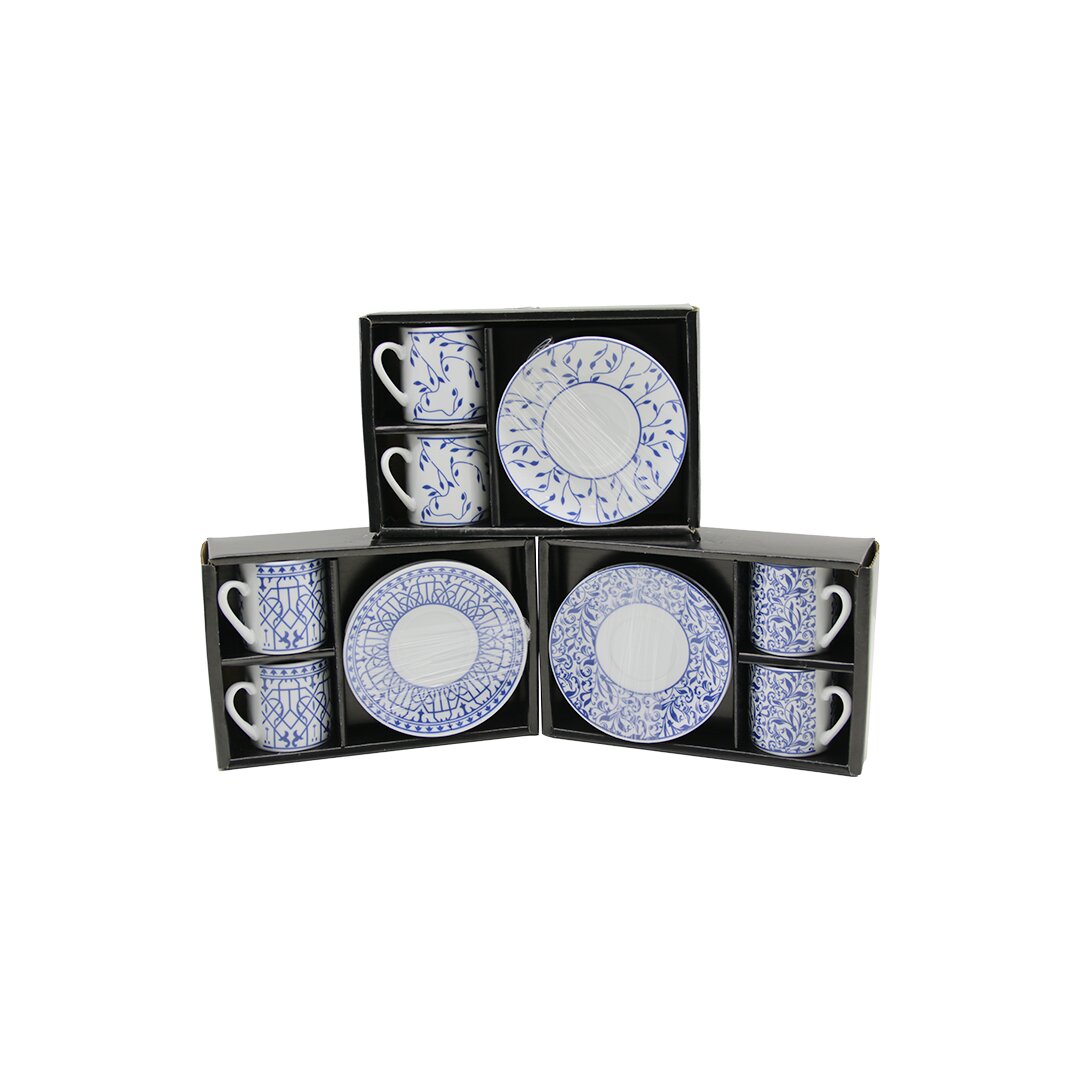 MAVİ - BEYAZ 4PCS=2-TAKIM  PORSELEN KAHVE FİNCANI  ÇİÇEK - ÇİZGİ - NOKTA MİX DESEN