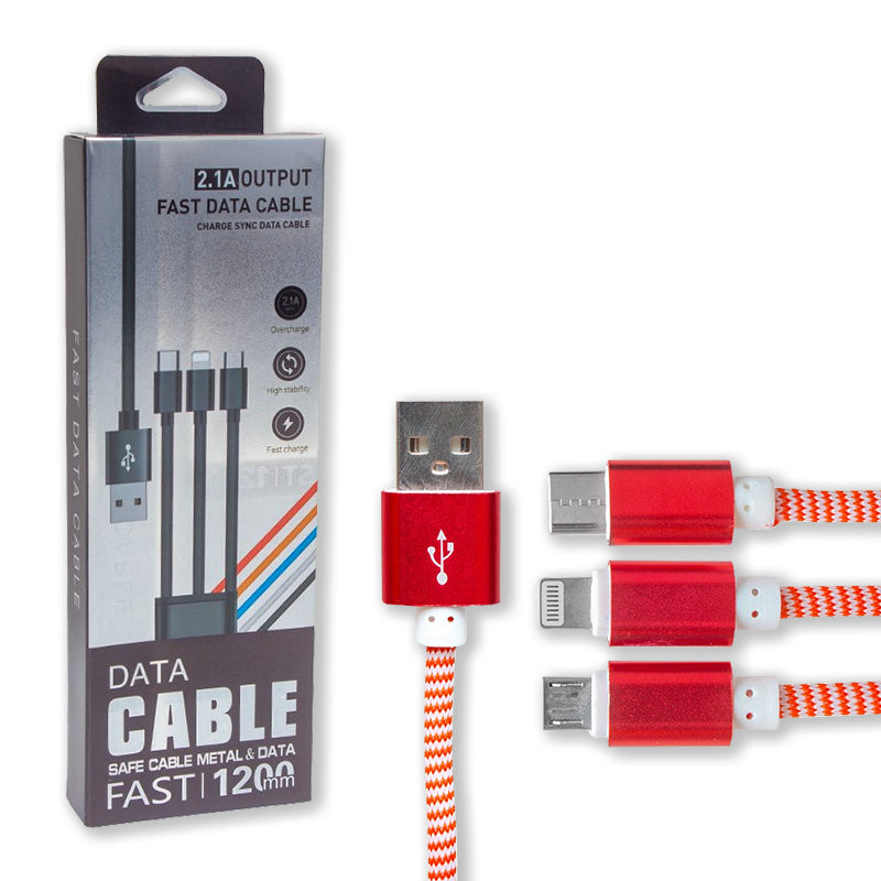 Металлический кабель для зарядки и передачи данных Micro USB/Type-C/Lightning 2.1A длиной 1,2 метра 