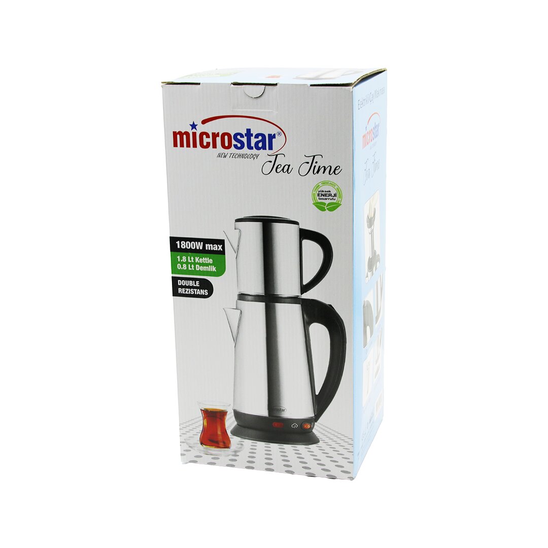 MİCROSTAR ELEKTRİKLİ ÇELİK ÇAY MAKİNESİ ÇAYCI SET 1.8LT SU ISITICI+ 0.8LT DEMLİK 1800W 360 DERECE D