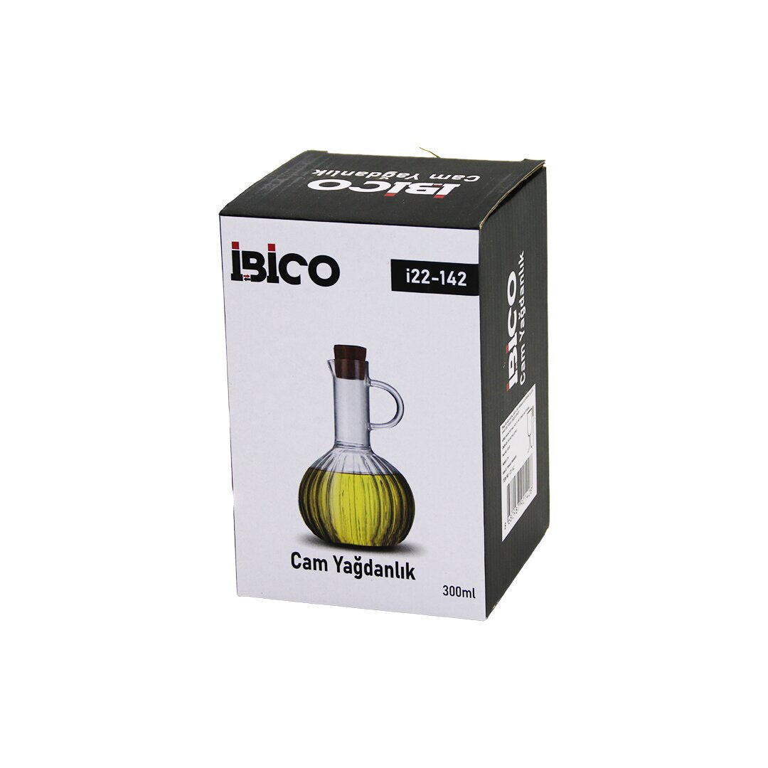 MİNİ CAM YAĞDANLIK ÇİZGİLİ DESEN 300ML AHŞAP BAMBU MANTAR TIPA