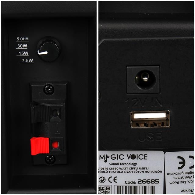 MV-03 16 CM 60 Watt Komütatörlü Hat Trafolu Siyah Sütun Hoparlör