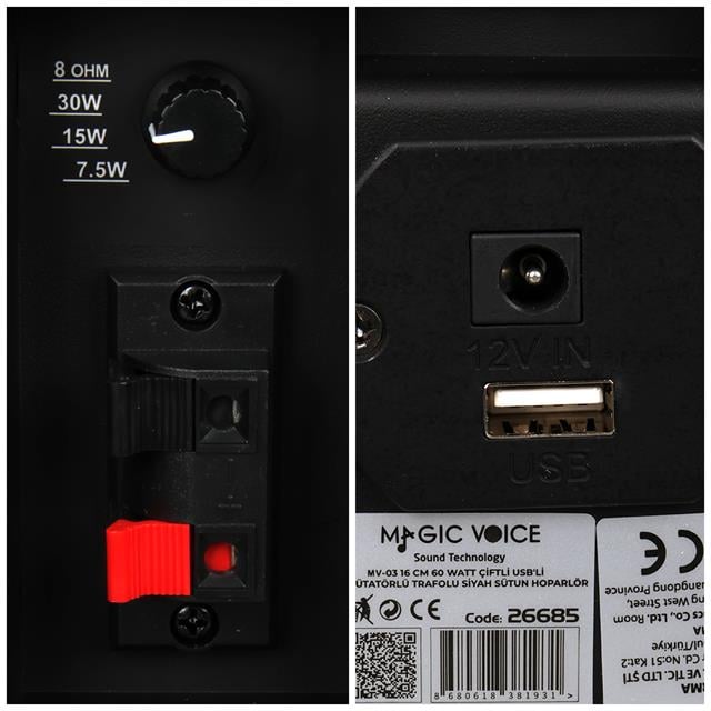 MV-19 2x7.5 CM 40 Watt Komütatörlü Hat Trafolu Siyah Sütun Hoparlör