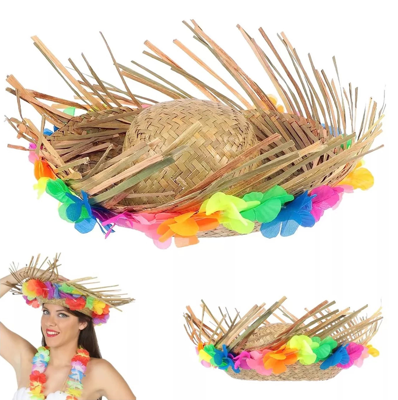 Naturel Renk Püsküllü Örme Hasır Hawaii Luau Aloha Şapka 13x36 Cm