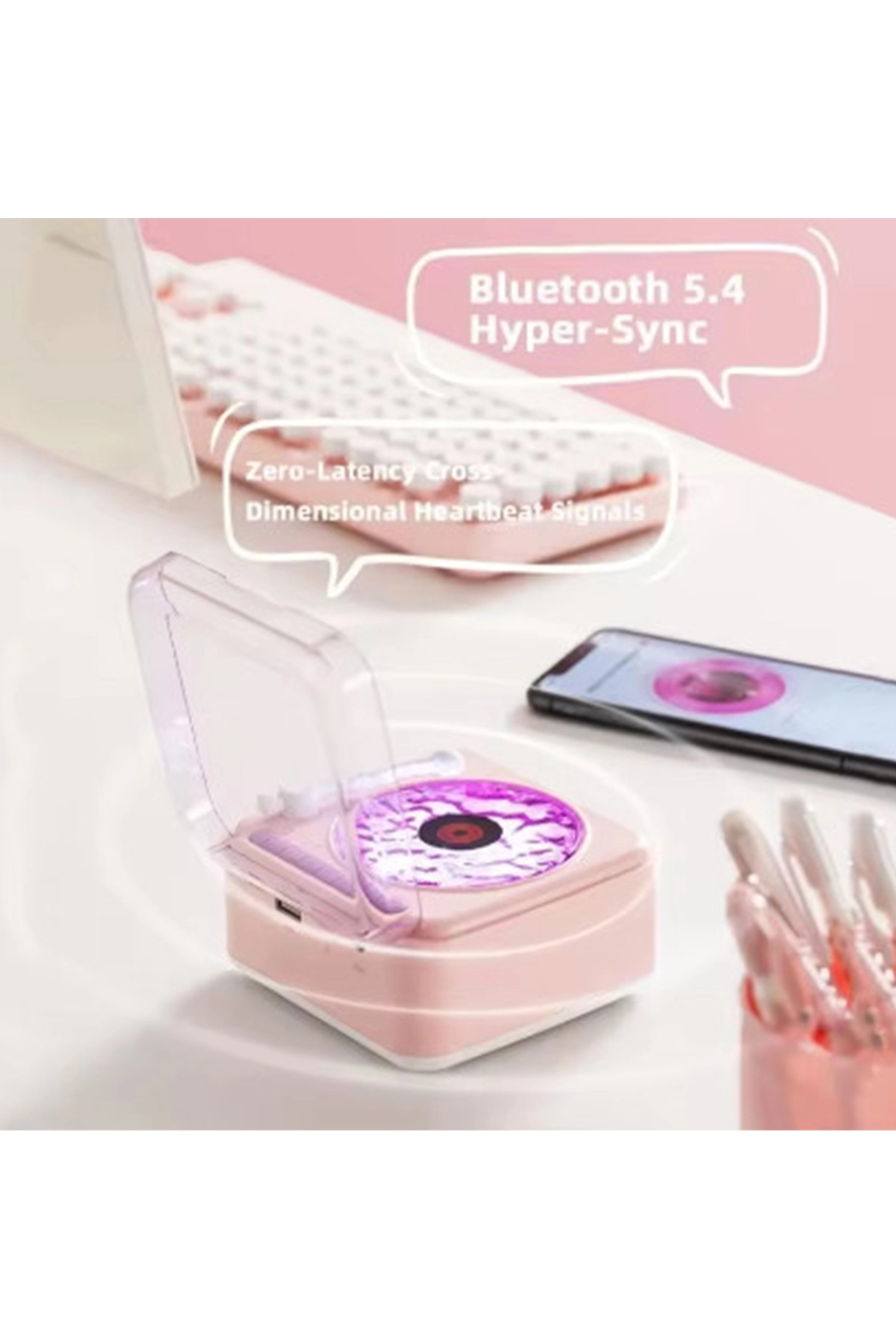 Nostalji Mini Plak Görünümlü Radyolu Bluetooth Hoparlör 3d Ses Dalgası Retro Müzik Plak Pembe
