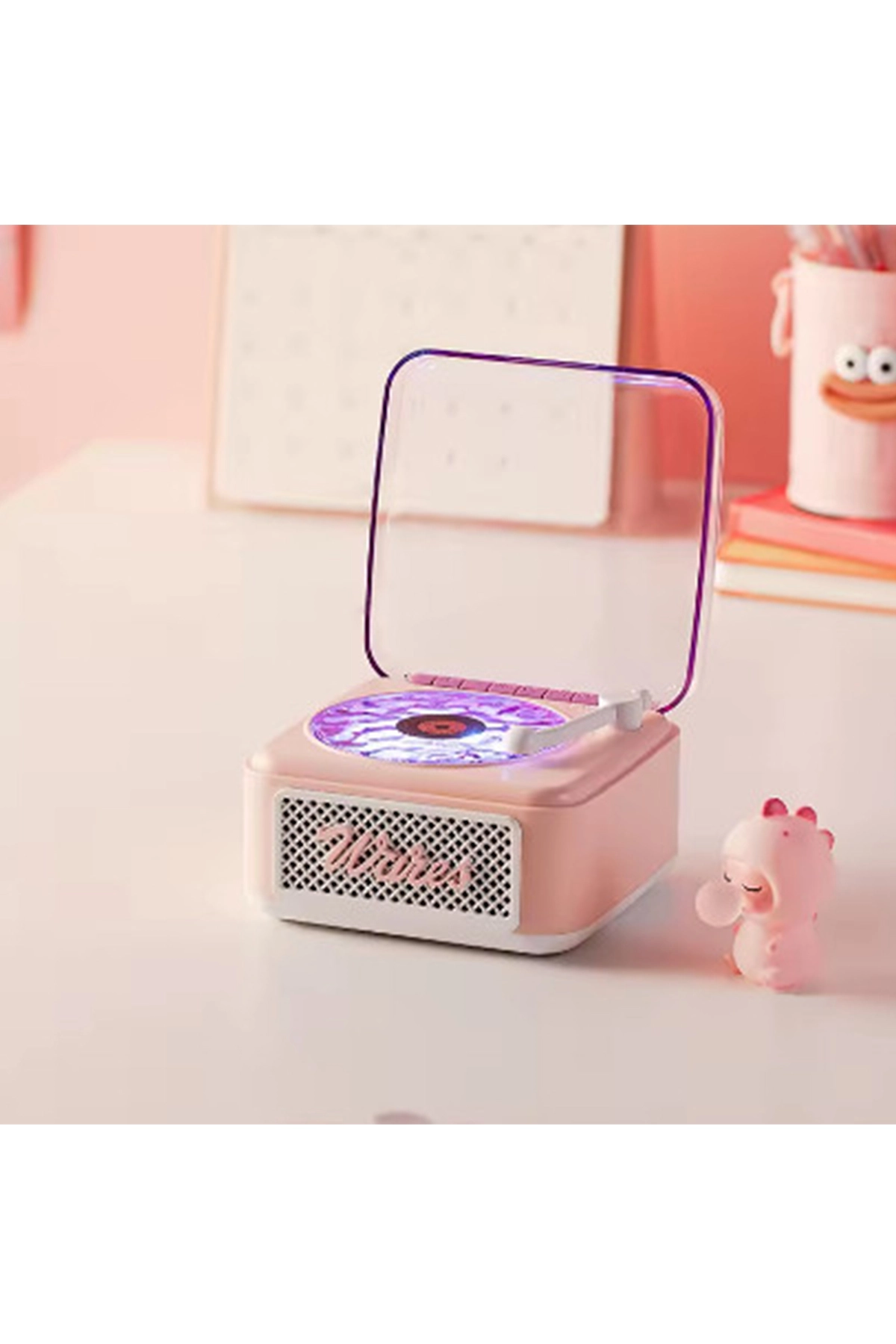 Nostalji Mini Plak Görünümlü Radyolu Bluetooth Hoparlör 3d Ses Dalgası Retro Müzik Plak Pembe