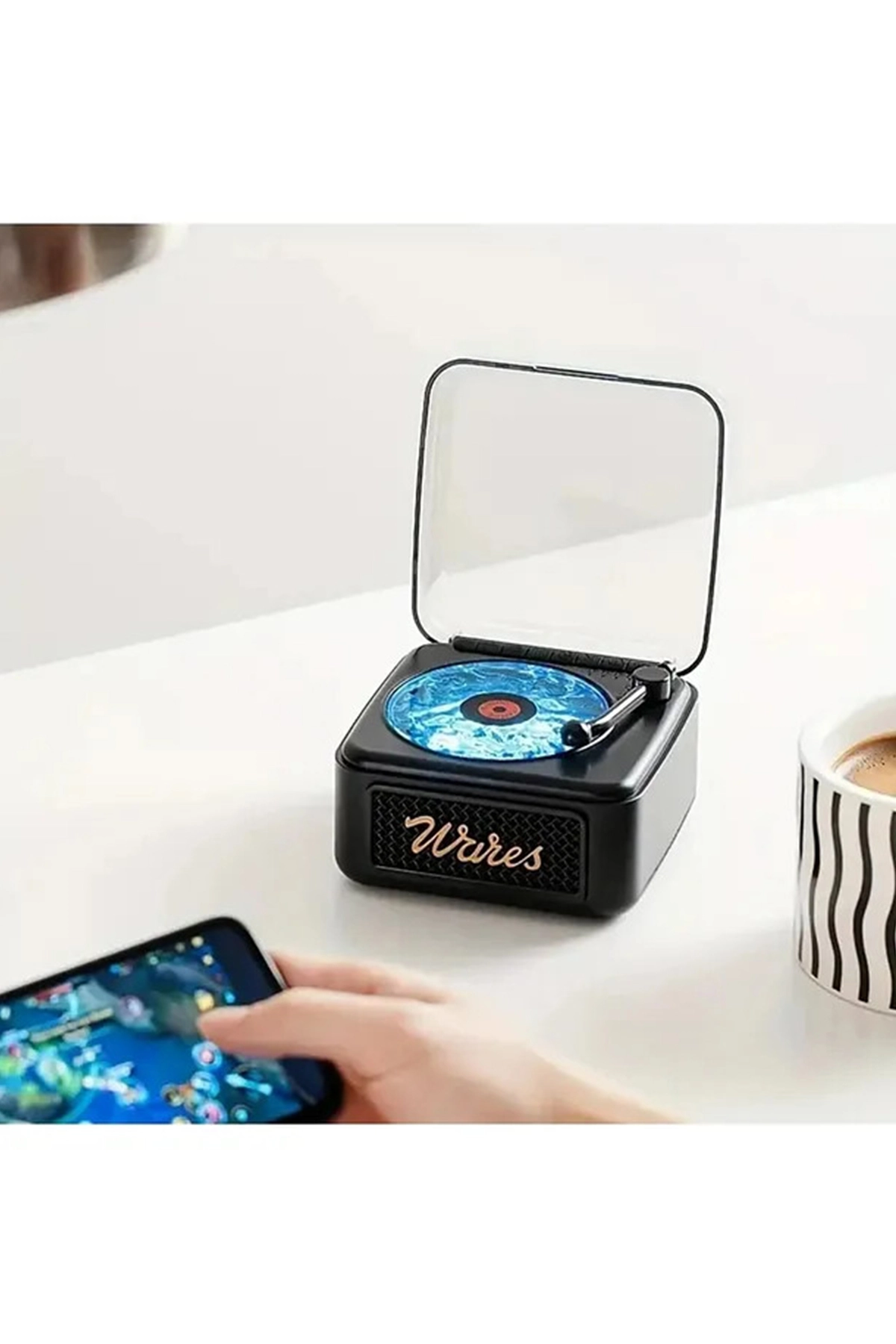 Nostalji Mini Plak Görünümlü Radyolu Bluetooth Hoparlör 3d Ses Dalgası Retro Müzik Plak Siyah