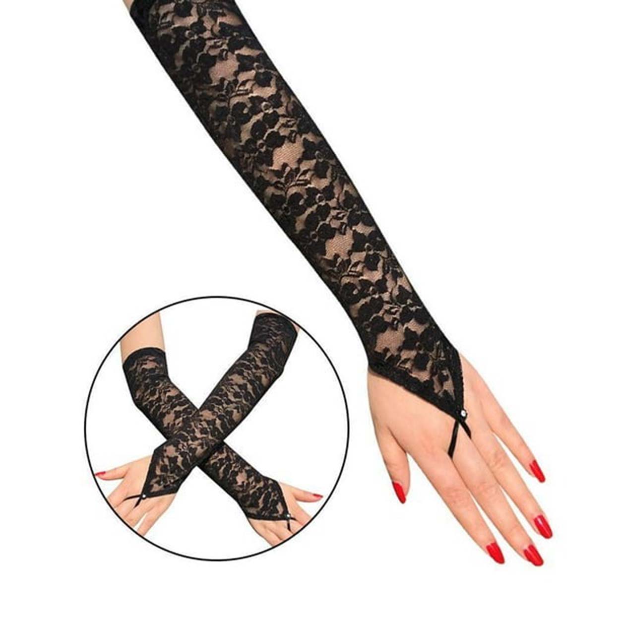 Элегантные кружевные перчатки Night Chic с ремешками для пальцев, 40 см