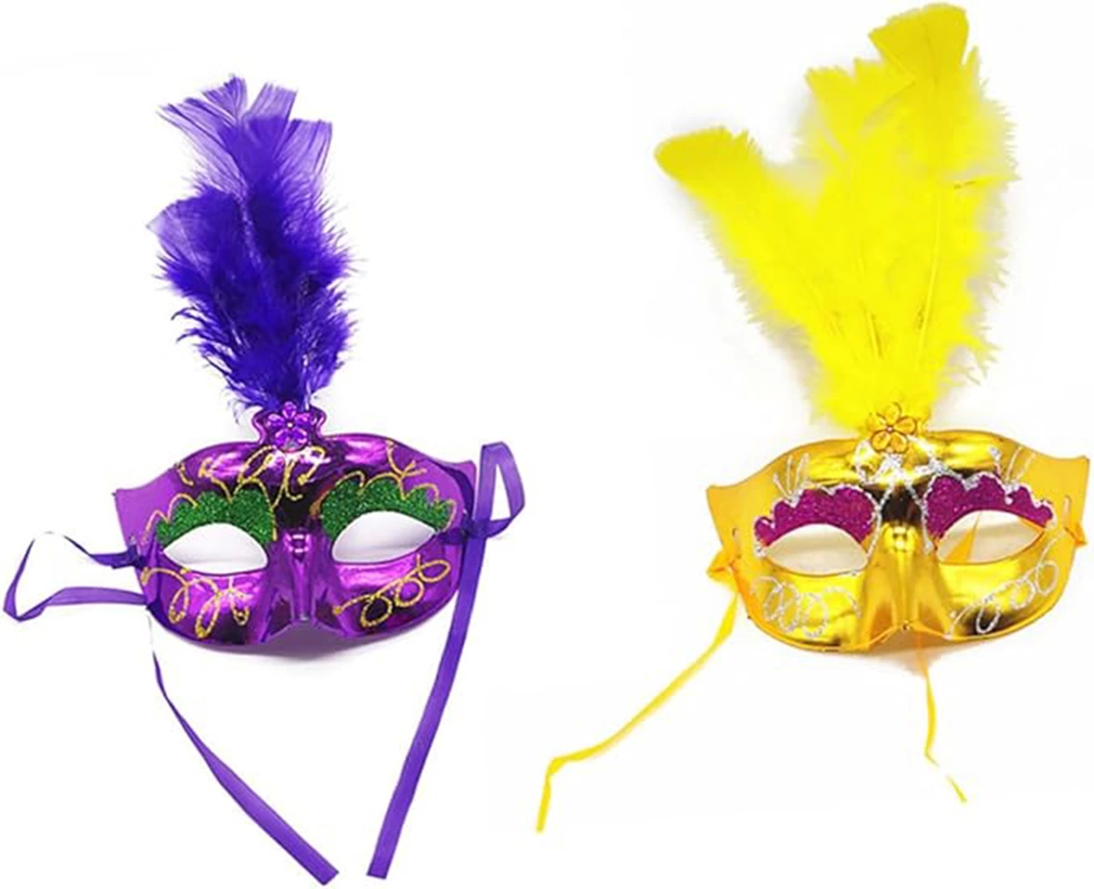 Renkli Tüylü Venedik Parti Maskesi Karışık Renk 12 Adet