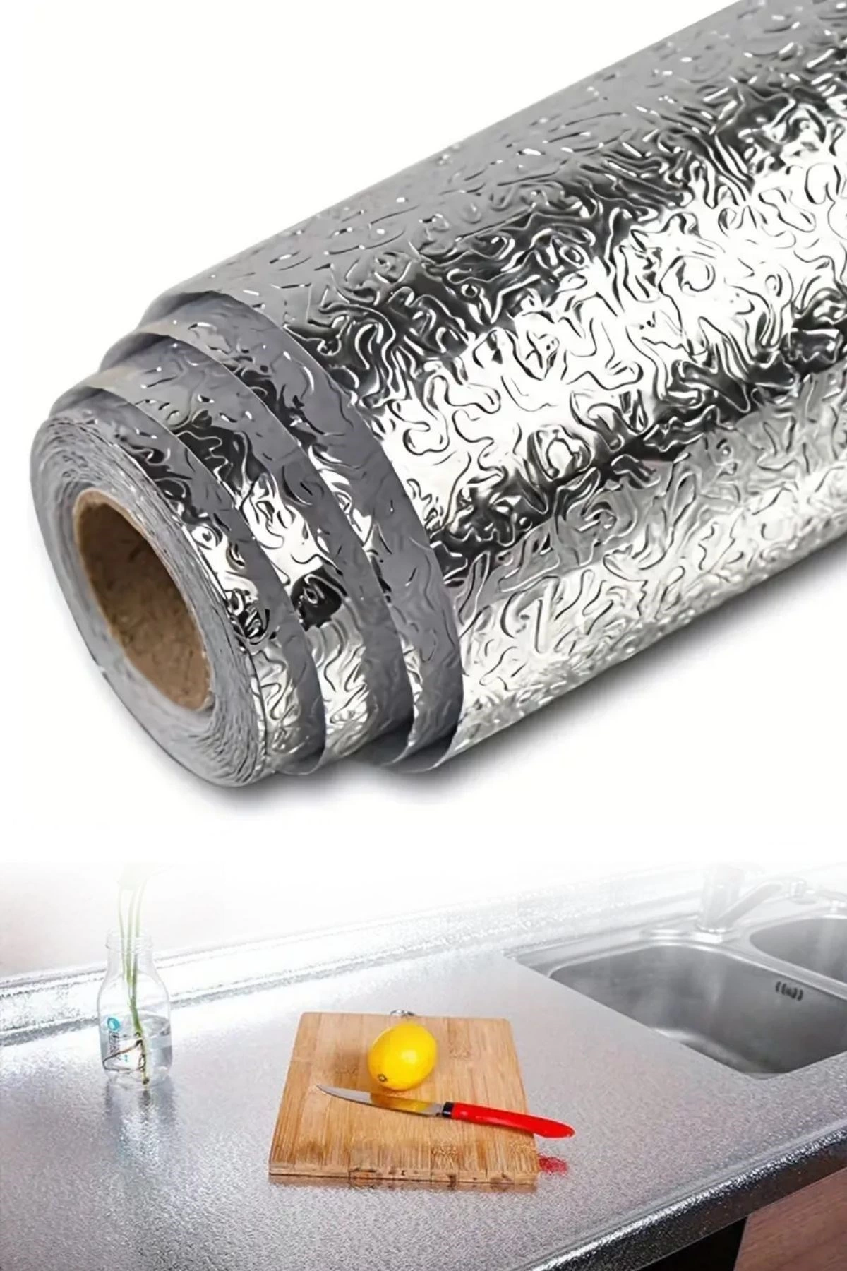 Rulo Gümüş Alüminyum Folyo Duvar Kağıdı, Kendinden Yapışkanlı Raf İçi, Su Geçirmez Folyo  2 mt x 60