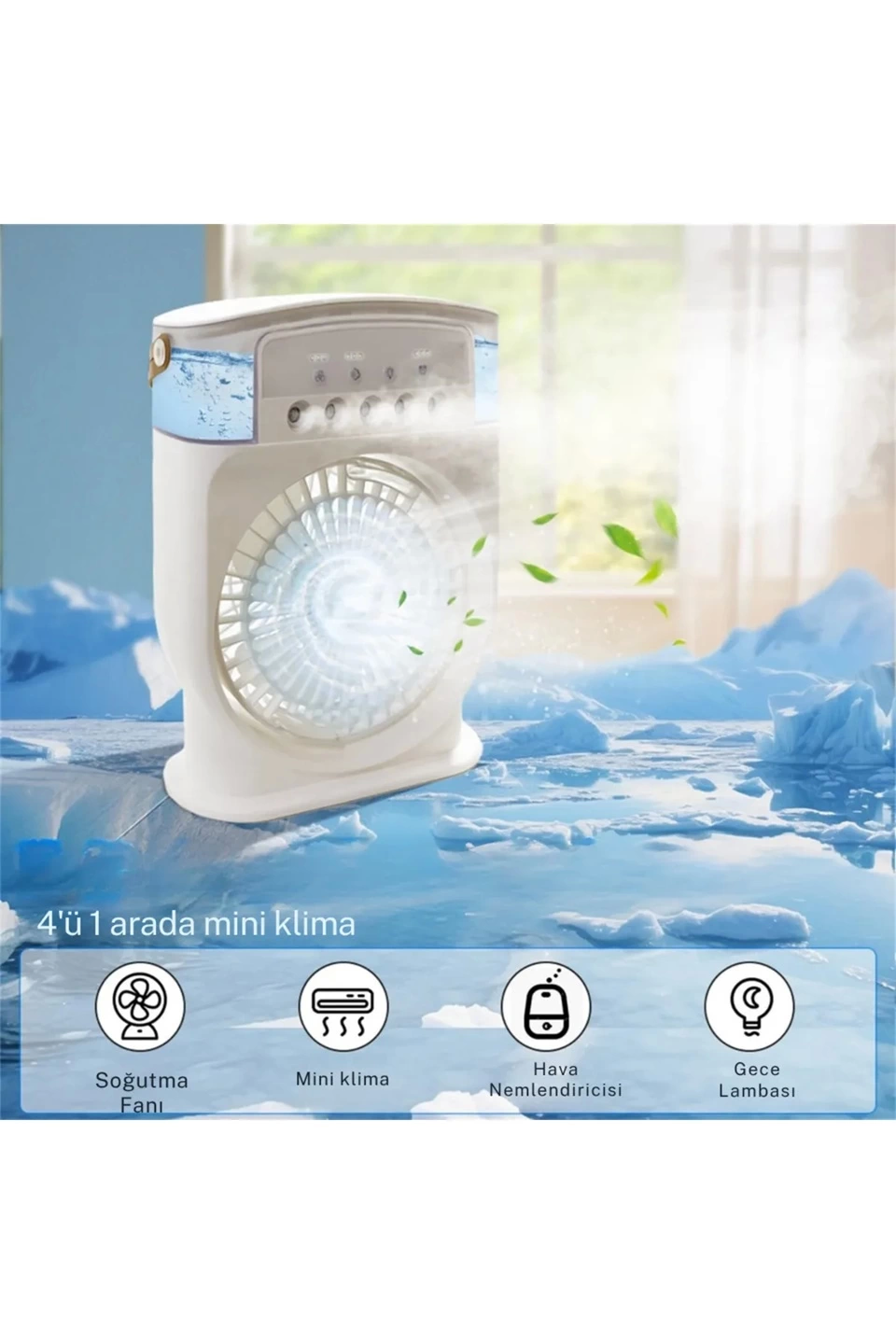 Şarjlı 600 Ml Su Hazneli Taşınabilir Masaüstü Vanilatör  Güçlü Fan Ve 2000 Mah Pil Beyaz