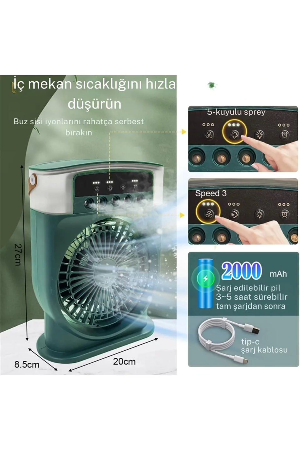 Şarjlı 600 Ml Su Hazneli Taşınabilir Masaüstü Vanilatör  Güçlü Fan Ve 2000 Mah Pil Beyaz