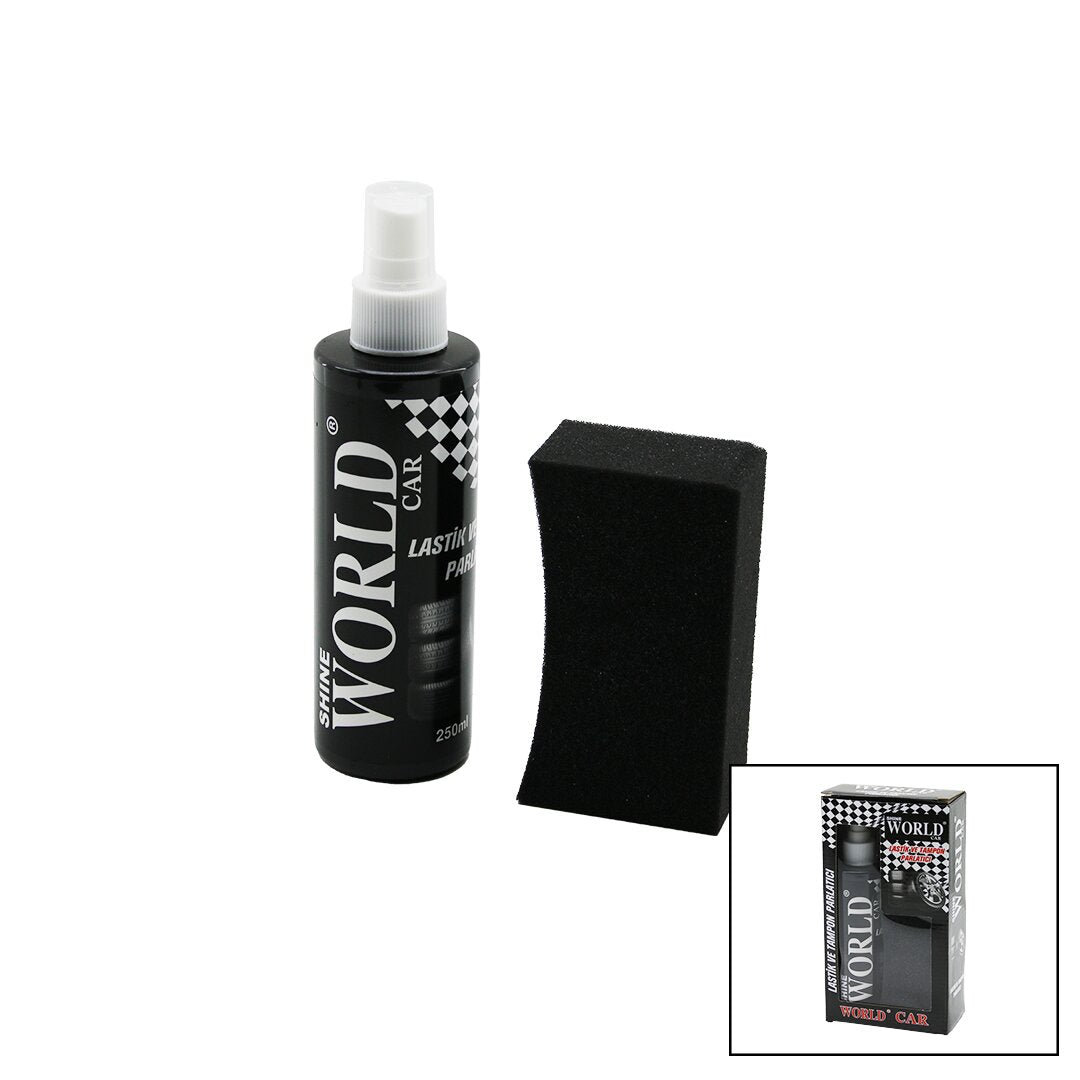 SHINE WORLD CAR  LASTİK - TAMPON  PARLATICI SPREY SETİ  PLASTİK ŞİŞE   250ML ± %10 PARLATMA SÜNGERİ