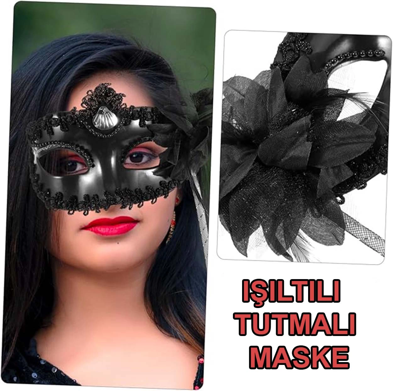 Siyah Işıltılı Tutmalı Fotoğraf Çekimi Maskesi 18x29 Cm