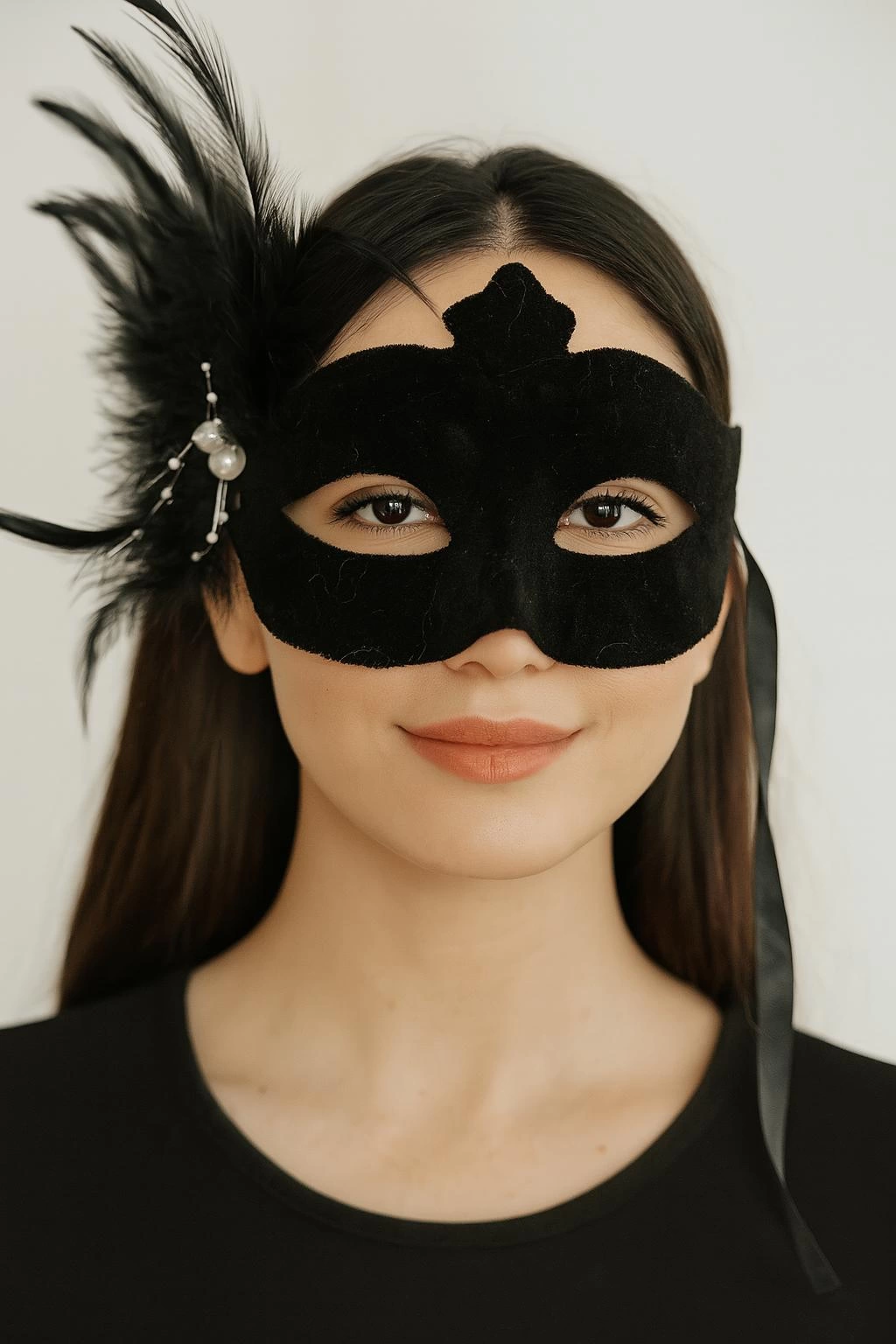 Siyah Renk Yandan Tüylü Süet Kaplama Beyaz İncili Parti Maskesi 18x15 Cm