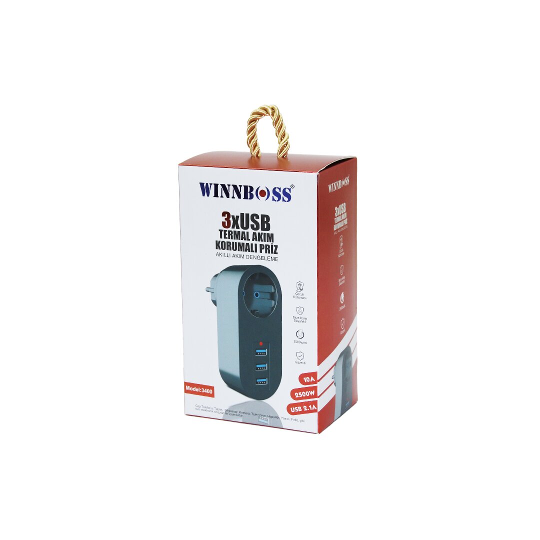 Siyah Termal Akım Korumalı  1Xpriz 3Xusb Duvar Tipi Priz 10A - 2500W