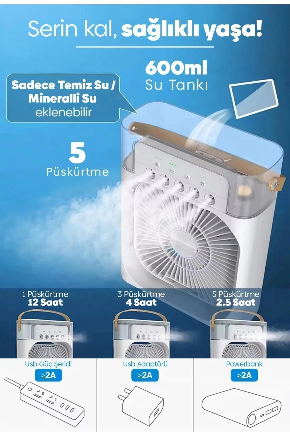 Taşınabilir Işıklı 5 Spreyli Vantilatör Buzlu Buharlı Vantilatör Mini Fan Nemlendirici