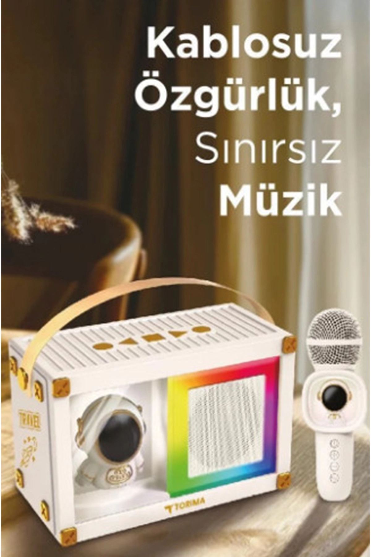 Taşınabilir Rgb Işılı Sevimli Figürlü Mikrofonlu Karaoke Bluetooth Hoparlör Krem