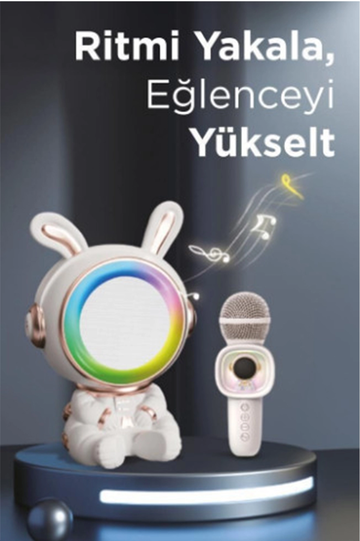Taşınabilir Rgb Işılı Sevimli Figürlü Mikrofonlu Karaoke Bluetooth Hoparlör Krem