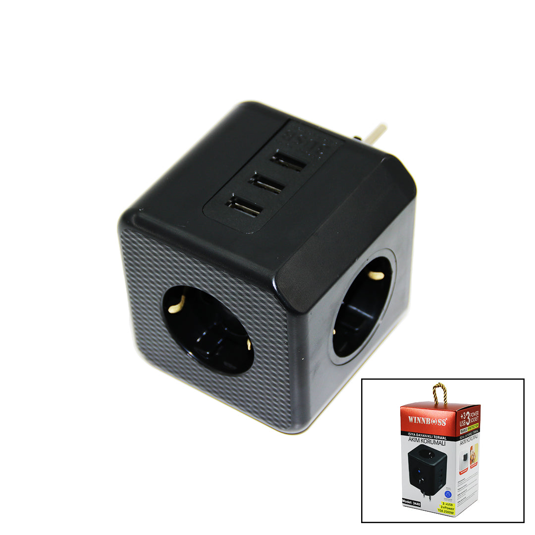 Termal Akım Korumalı  3X Priz 3X Usb Duvar Tipi Priz Siyah 10A - 2500W