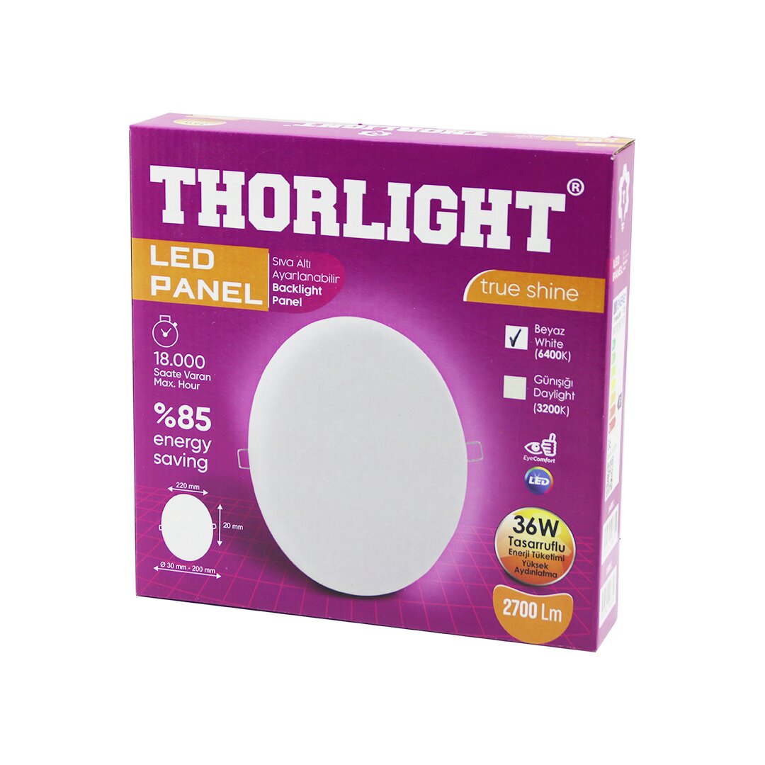 Thorlight S-236 36 Вт 22 см белая светодиодная панель с регулируемой защелкой, встраиваемая, 6400 К - 2700 лм - 18 000 часов - 2835 SMD