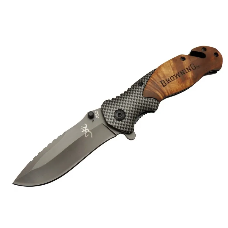 X50 Kahverengi Kurtarma / Kamp Çakısı 20,5cm- Yarı Otomatik, Kemerlikli, Ahşap Sap, Cam Kırma Ve İp