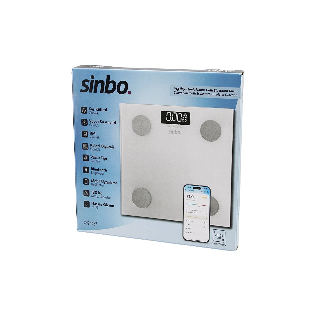 YAĞ ÖLÇERAKILLI BLUETOOTH CAM BASKÜL PİLLİ 180KG/50GR 28X28CM 8-KİŞİ HAFIZA LCD EKRAN GÖSTERGE SBS-